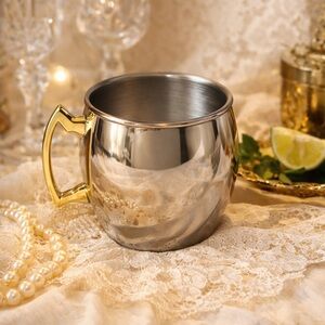 Vintage Silver Tone Metal Mug Gold Handle Hollywood Regency Barware Cup